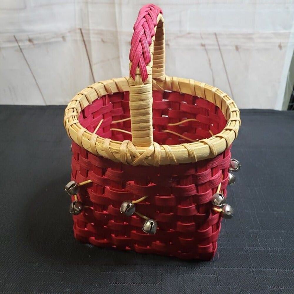 Cute Small Red Wicker Christmas Basket with Bells 5" x 8" tall Holiday Decor - Picture 3 of 11